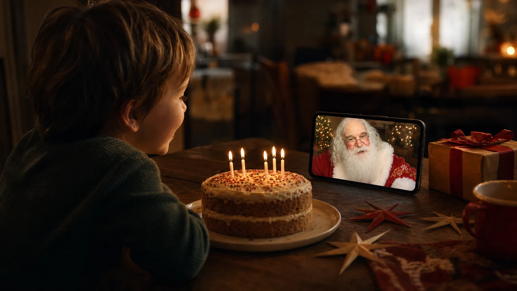 A delighted child watching a personal birthday message from Santa Corky beside a birthday cake
