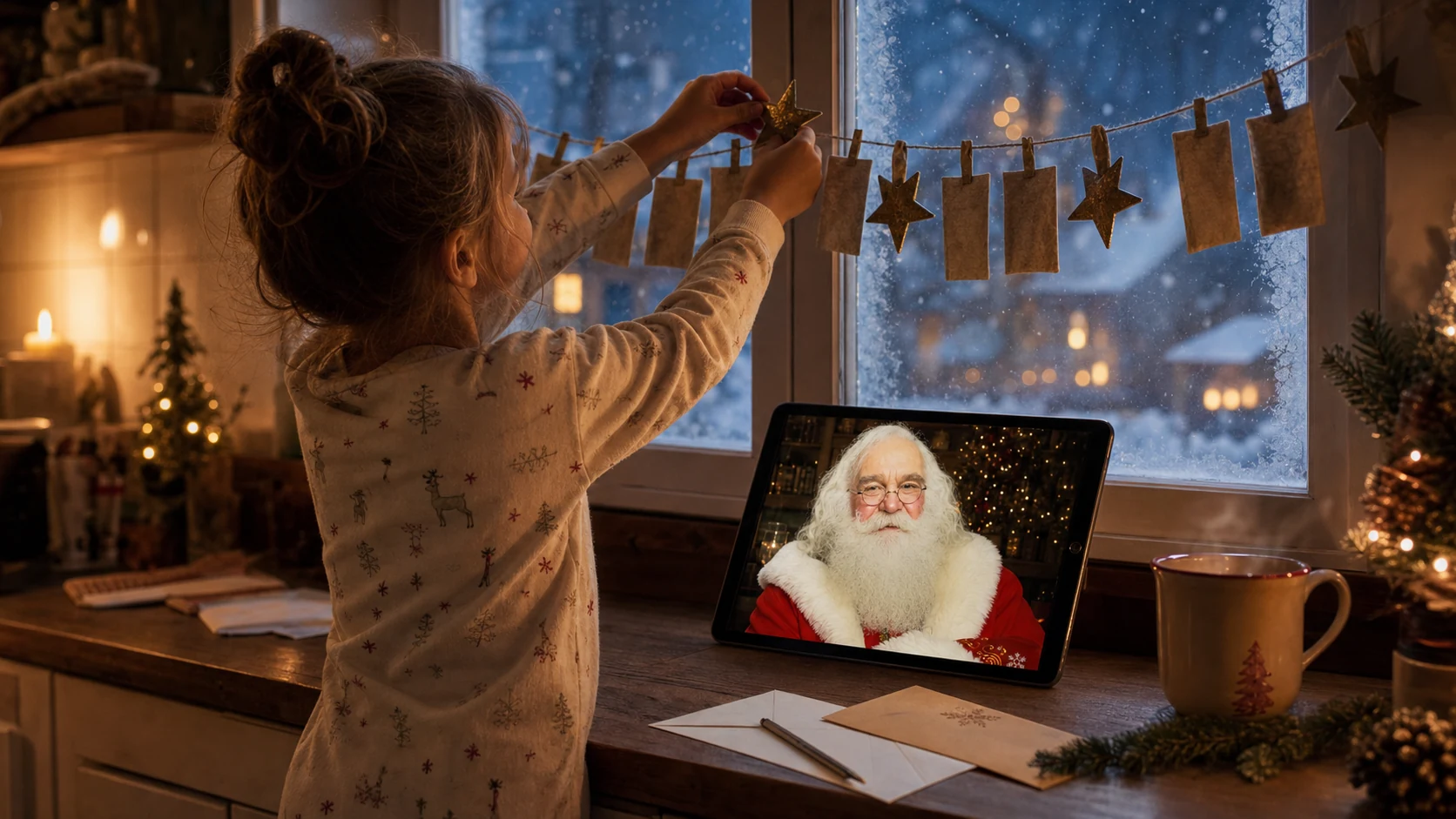 A child adding a star to a Christmas countdown while watching a personal Santa Corky message