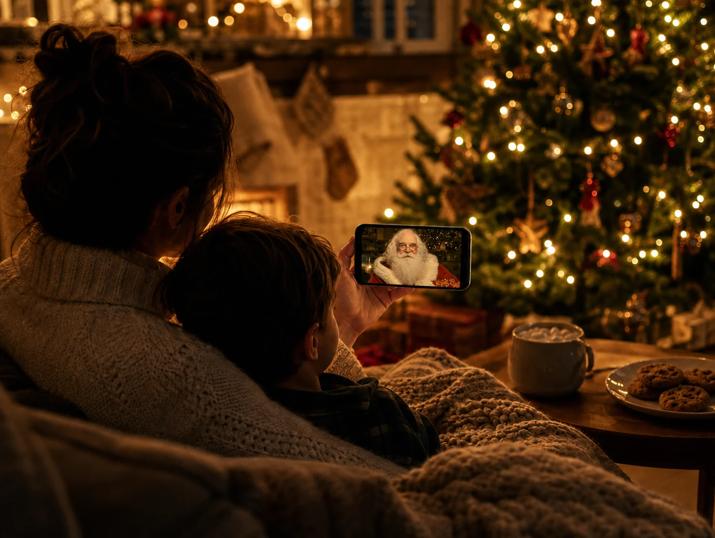 A parent and child watching a personal message from Santa Corky together