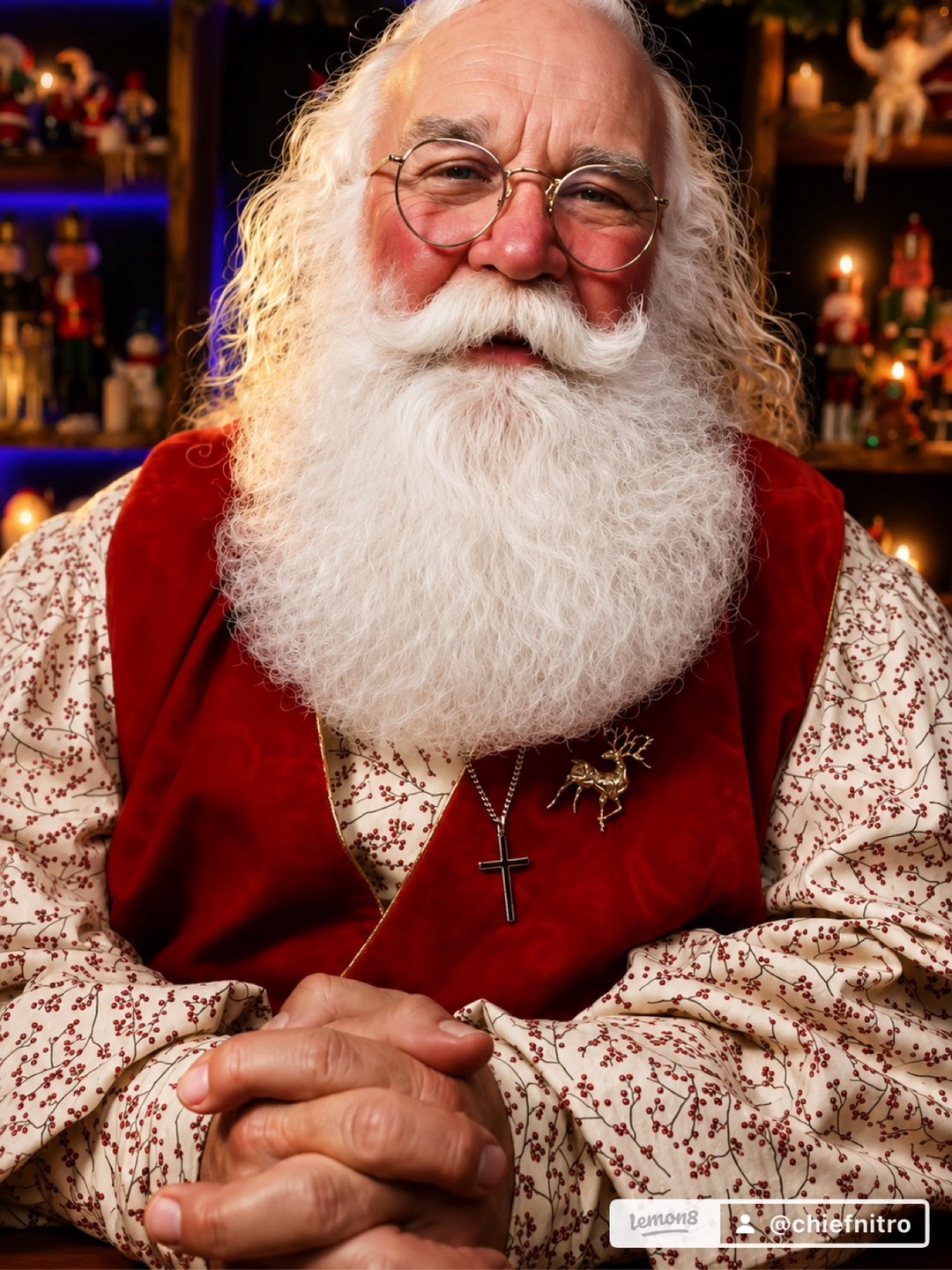 A warm portrait of Santa Corky seated in his Christmas workshop