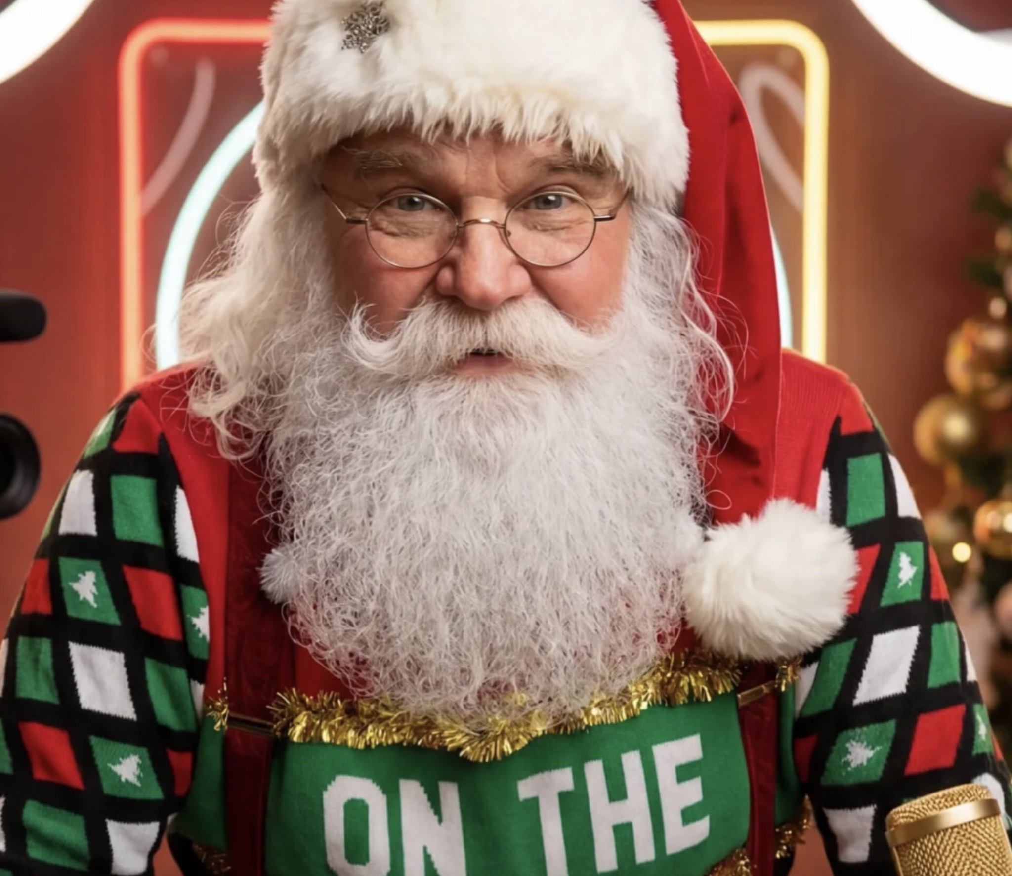 Santa Corky sharing Christmas cheer from his recording studio